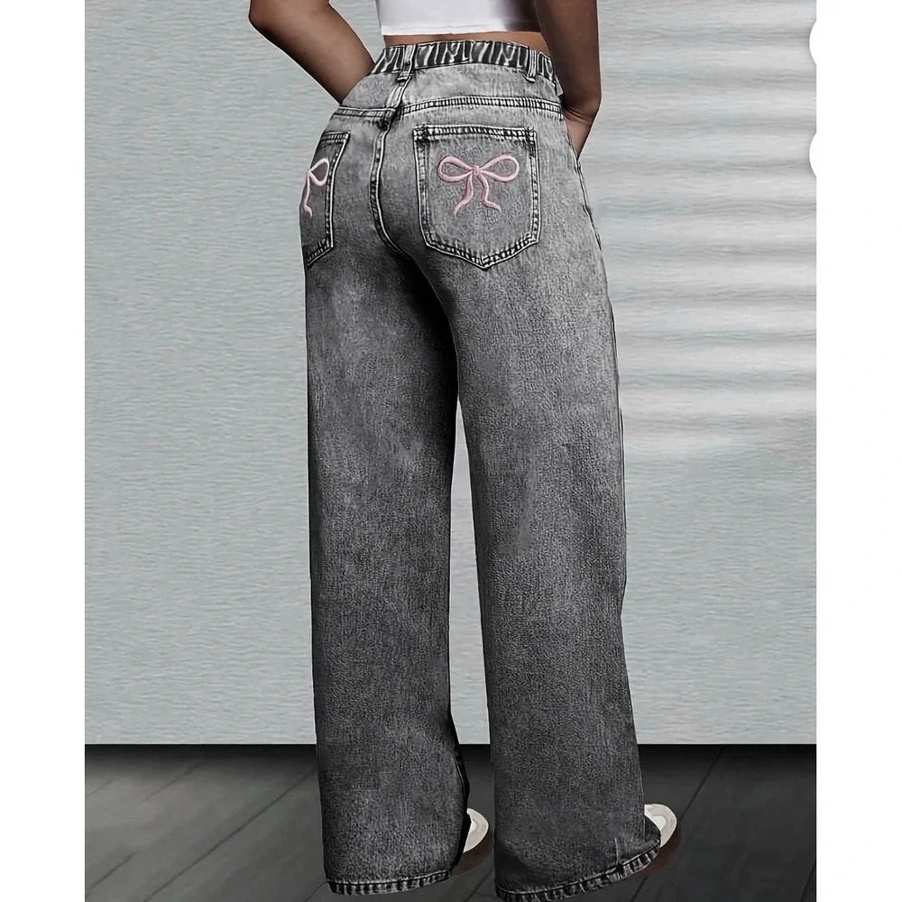 Girls Bow Print Back Zipper Fly Elastic High Waist Denim Pants Wide Leg Jean 13y